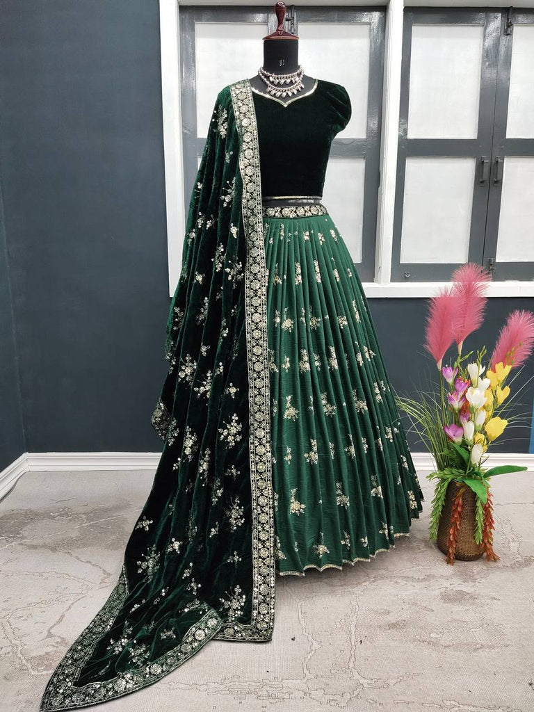 Green Color Sequence Work Silk Lehenga Choli With Velvet Dupatta Clothsvilla