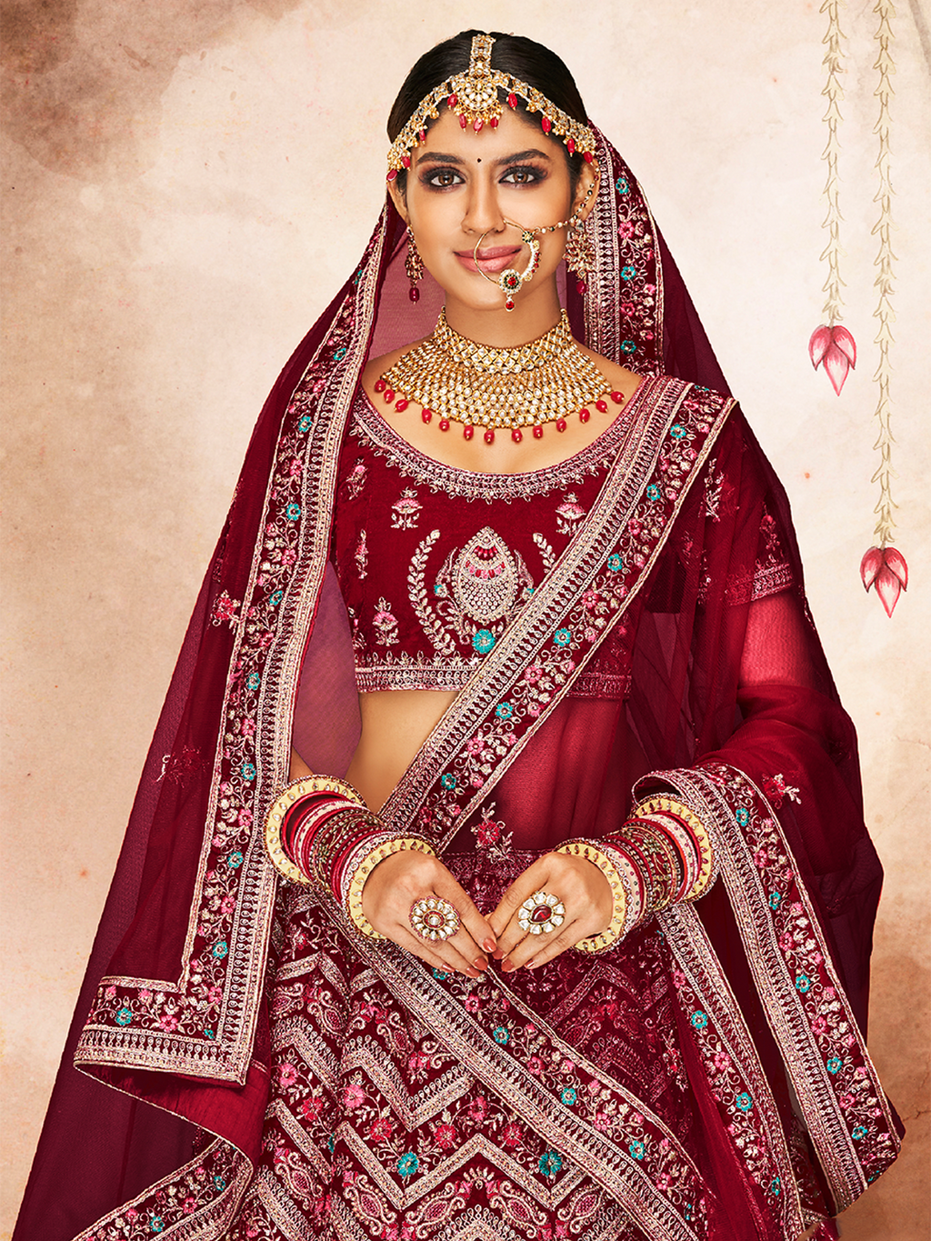 Maroon Embroidered Semi Stitched Lehenga With Unstitched Blouse Clothsvilla