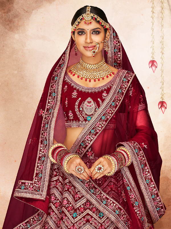 Maroon Embroidered Semi Stitched Lehenga With Unstitched Blouse Clothsvilla