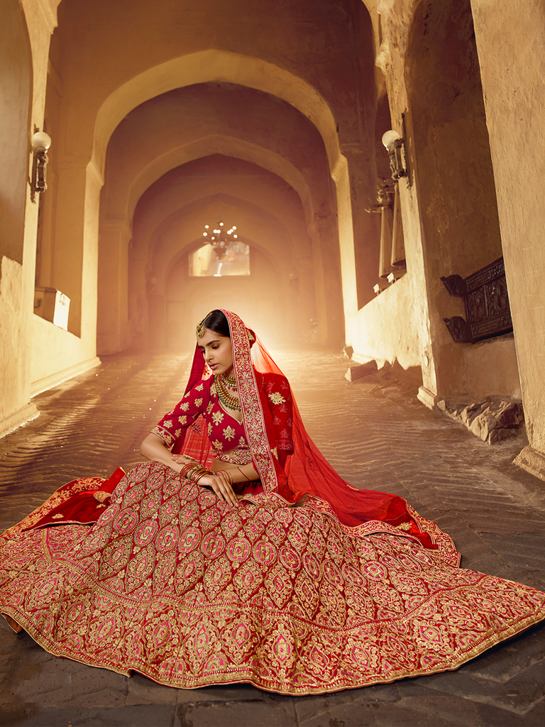 Red Velvet Semi Stitched Lehenga With Unstitched Blouse Clothsvilla