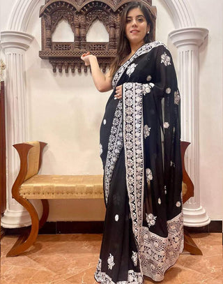 Black Georgette Saree with Beautiful Lucknowi Work and Silk Blouse for Wedding ClothsVilla
