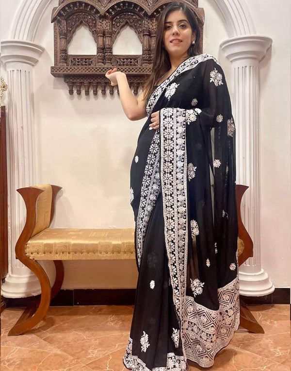 Black Georgette Saree with Beautiful Lucknowi Work and Silk Blouse for Wedding ClothsVilla
