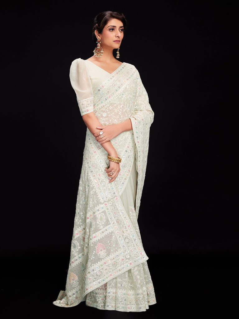 Off White Georgette Embroidered Saree With Unstitched Blouse Clothsvilla