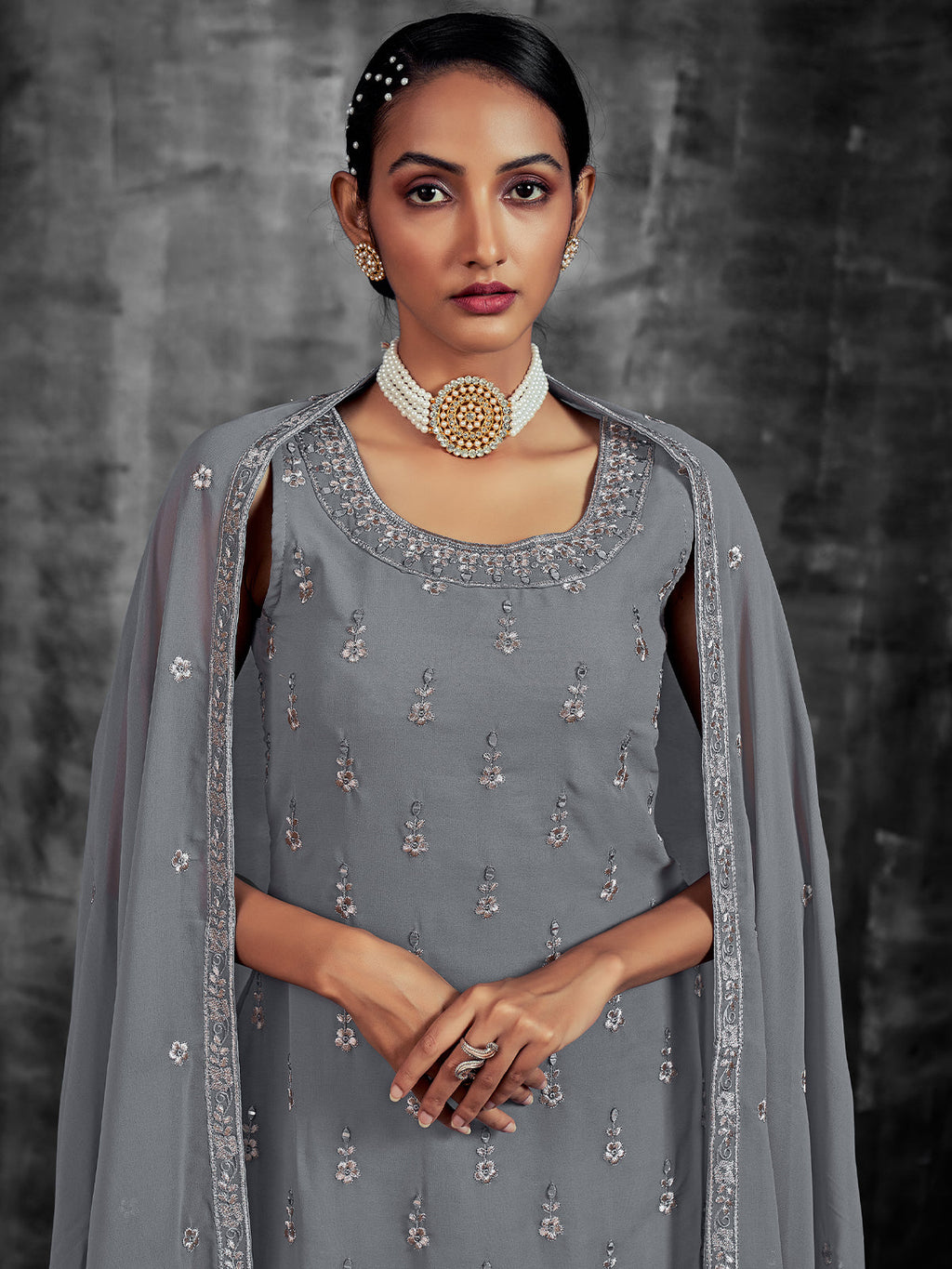 Grey Embroidered Partywear  Stitched Kurtaset Clothsvilla