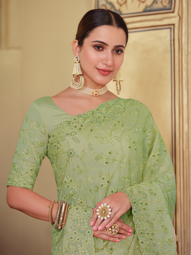 Green Chiffon Saree With Unstitched Blouse Clothsvilla