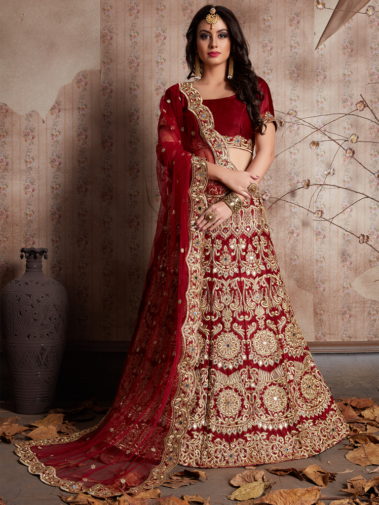Maroon Embroidered Semi Stitched Lehenga With Unstitched Blouse Clothsvilla