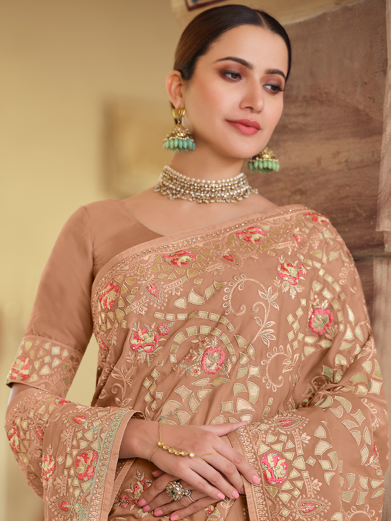 Brown Satin Georgette Saree With Unstitched Blouse Clothsvilla