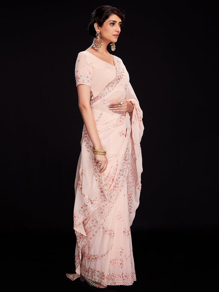 Peach Georgette Embroidered Saree With Unstitched Blouse Clothsvilla