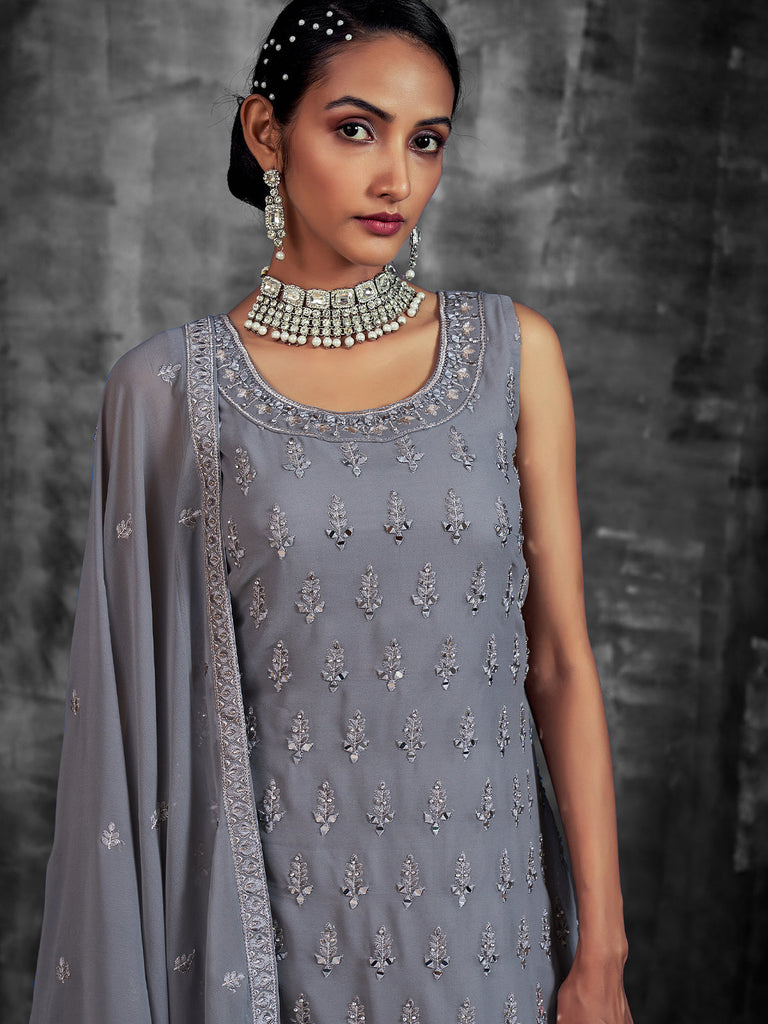 Stylish Embroidered Grey Georgette Stitched Kurta Set Clothsvilla