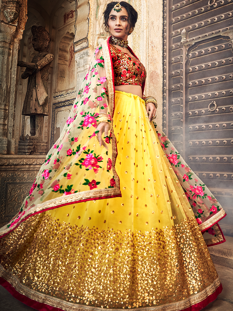 Yellow Embroidered Soft Net Semi Stitched Lehenga With Unstitched Blouse Clothsvilla