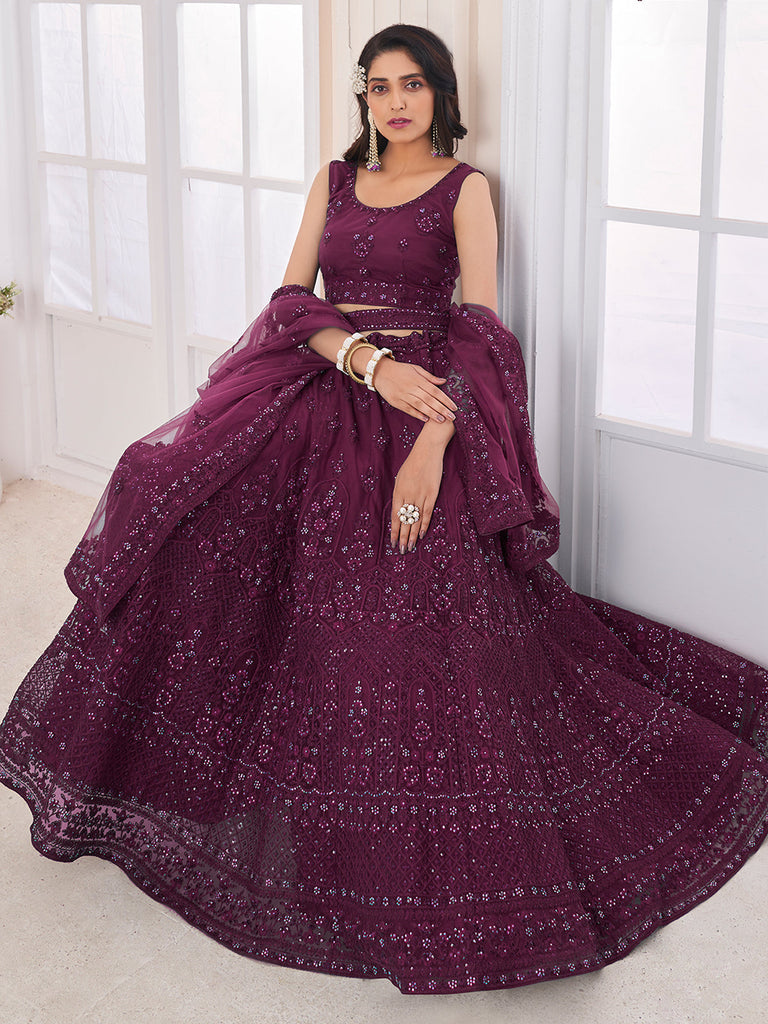 Purple Soft Net Embroidered Semi Stitched Lehenga Choli Clothsvilla