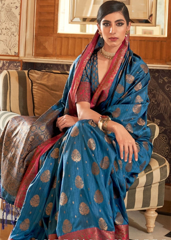 Yale Blue Woven Banarasi Tussar Silk Saree : Top Pick Clothsvilla