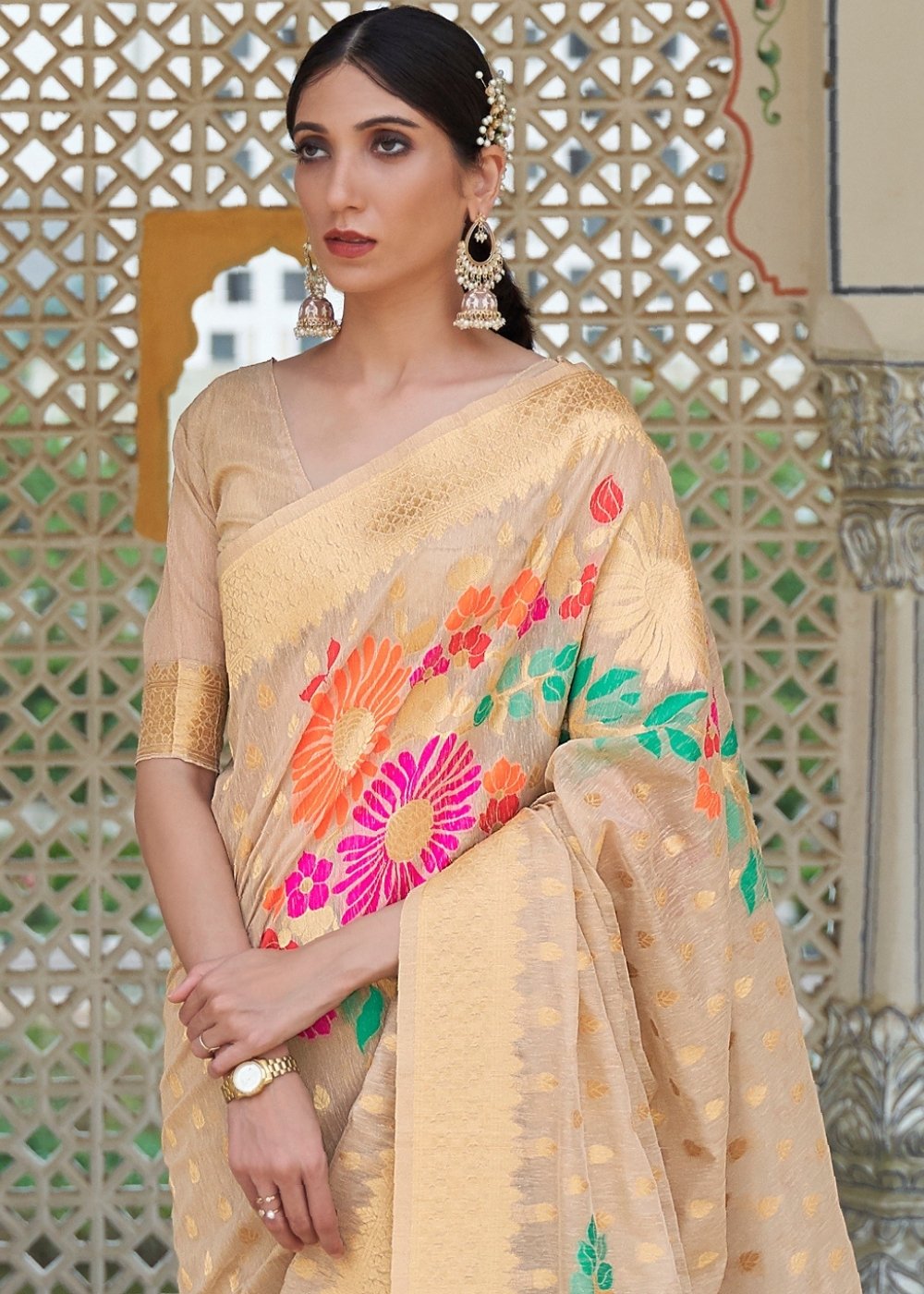 Beige Brown Floral Embroidered Linen Silk Saree Secondary image