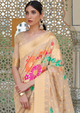 Load image into Gallery viewer, Beige Brown Floral Embroidered Linen Silk Saree Clothsvilla