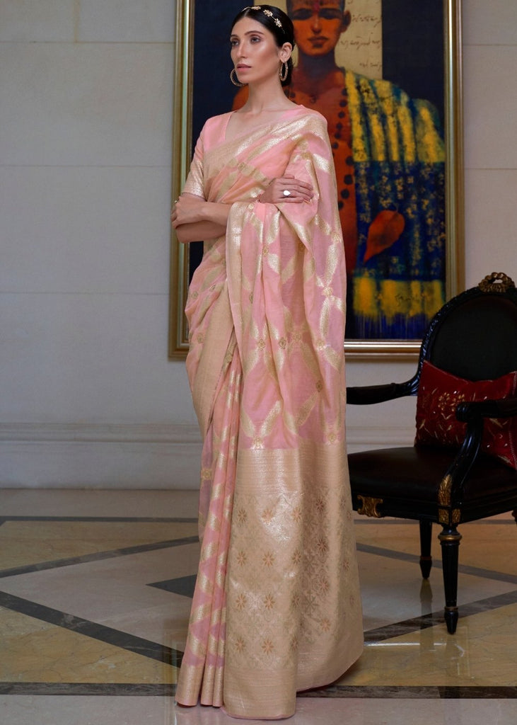 Sweet Pink Banarasi-Chanderi Fusion Woven Silk Saree Clothsvilla