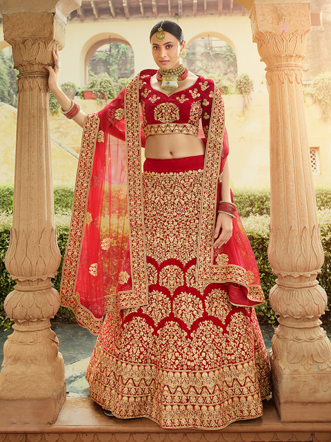 Red Velvet Semi Stitched Lehenga With Unstitched Blouse Clothsvilla Main image