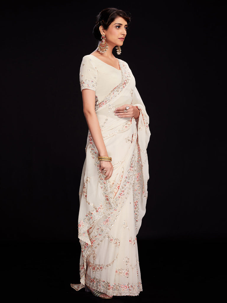 Off White Georgette Embroidered Saree With Unstitched Blouse Clothsvilla