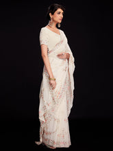 Load image into Gallery viewer, Off White Georgette Embroidered Saree With Unstitched Blouse Clothsvilla