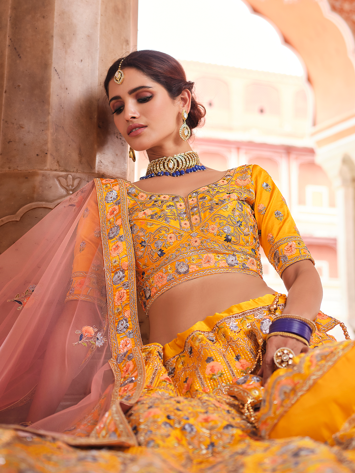 Mustard Swarovski Embroidered Crepe Semi Stitched Lehenga With Unstitched Blouse Clothsvilla