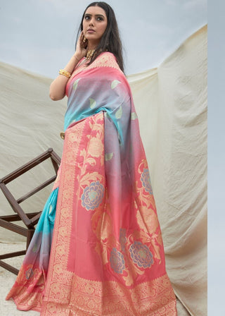 Pink and Blue Handloom Weaving Silk Saree Clothsvilla