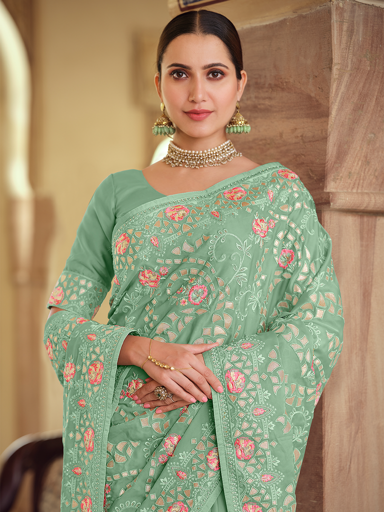 Green Satin Georgette Saree With Unstitched Blouse Clothsvilla