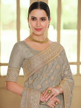 Load image into Gallery viewer, Grey Satin Georgette Saree With Unstitched Blouse Clothsvilla