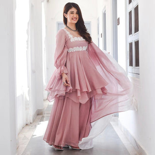 Peach Color Embroidery Work Georgette Palazzo Suit Clothsvilla