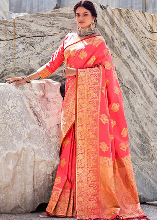 Punch Pink Woven Designer Silk Saree with Butti overall Clothsvilla
