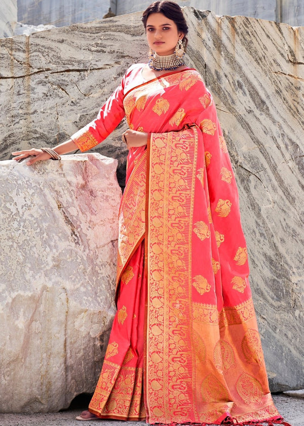Punch Pink Woven Designer Silk Saree with Butti overall Clothsvilla