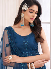 Load image into Gallery viewer, Teal Embroidered Soft Net Semi Stitched Lehenga With Blouse Piece Clothsvilla