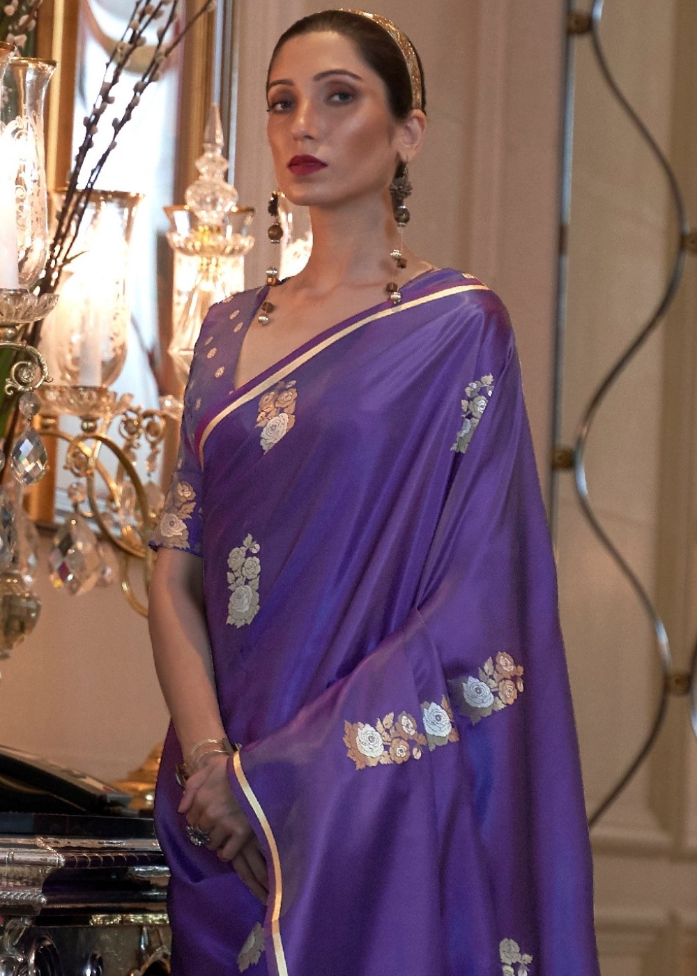 Electric Purple Designer Satin Silk Saree Secondary image
