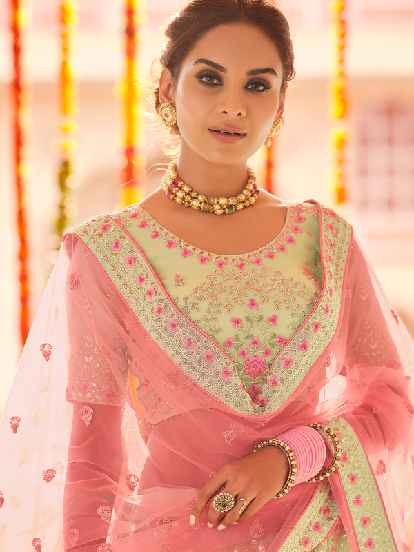 Green Embroidered Georgette Semi Stitched Lehenga With Unstitched Blouse Clothsvilla