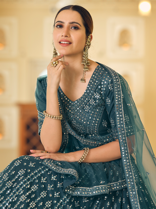 Teal Embroidered Soft Net Semi Stitched Lehenga With Unstitched Blouse Clothsvilla