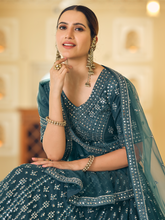 Load image into Gallery viewer, Teal Embroidered Soft Net Semi Stitched Lehenga With Unstitched Blouse Clothsvilla