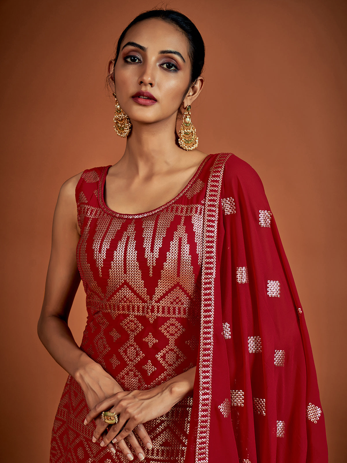 Beautiful Red Embroidered Georgette Partywear Stitched Kurta Set Clothsvilla