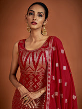Load image into Gallery viewer, Beautiful Red Embroidered Georgette Partywear Stitched Kurta Set Clothsvilla