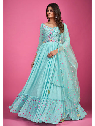 Blue Chinon Silk Embroidered Gown Clothsvilla
