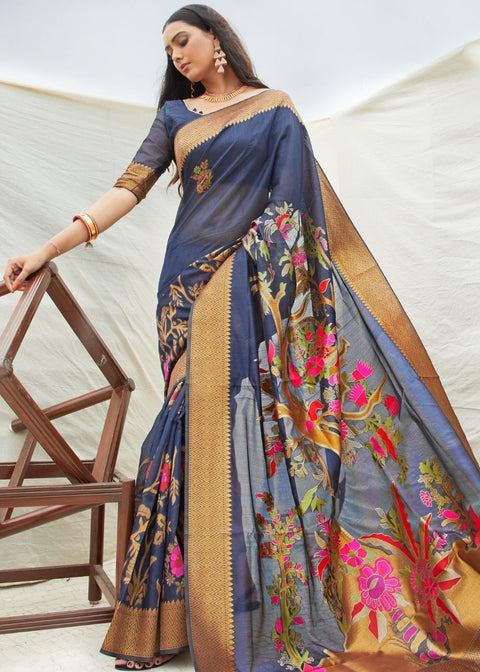 Navy Blue and Grey Handloom Woven Silk Saree Clothsvilla Main image