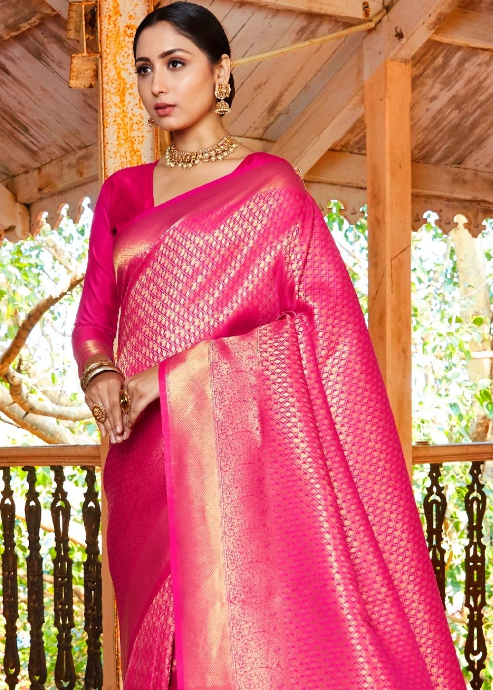 Rani Pink Banarasi Khaddi Georgette Saree - Aura Benaras