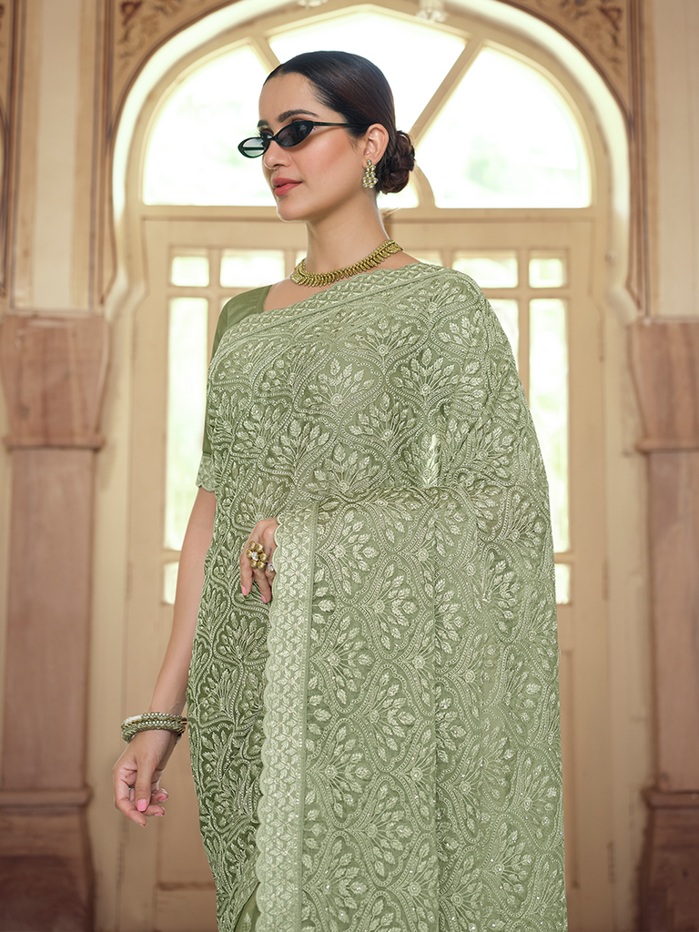 Green Chiffon Saree With Unstitched Blouse Clothsvilla