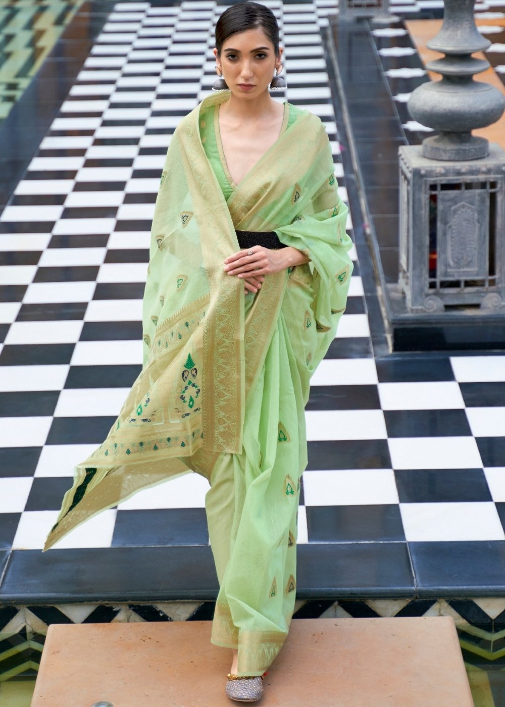 Mint Green Woven Linen Silk Saree Clothsvilla