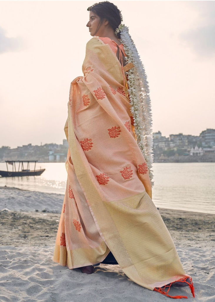 Salmon Pink Linen Silk Saree with Zari Woven Butti overall Clothsvilla