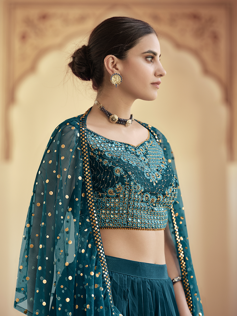 Teal Embroidered Crepe Semi Stitched Lehenga With Unstitched Blouse Clothsvilla