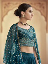 Load image into Gallery viewer, Teal Embroidered Crepe Semi Stitched Lehenga With Unstitched Blouse Clothsvilla