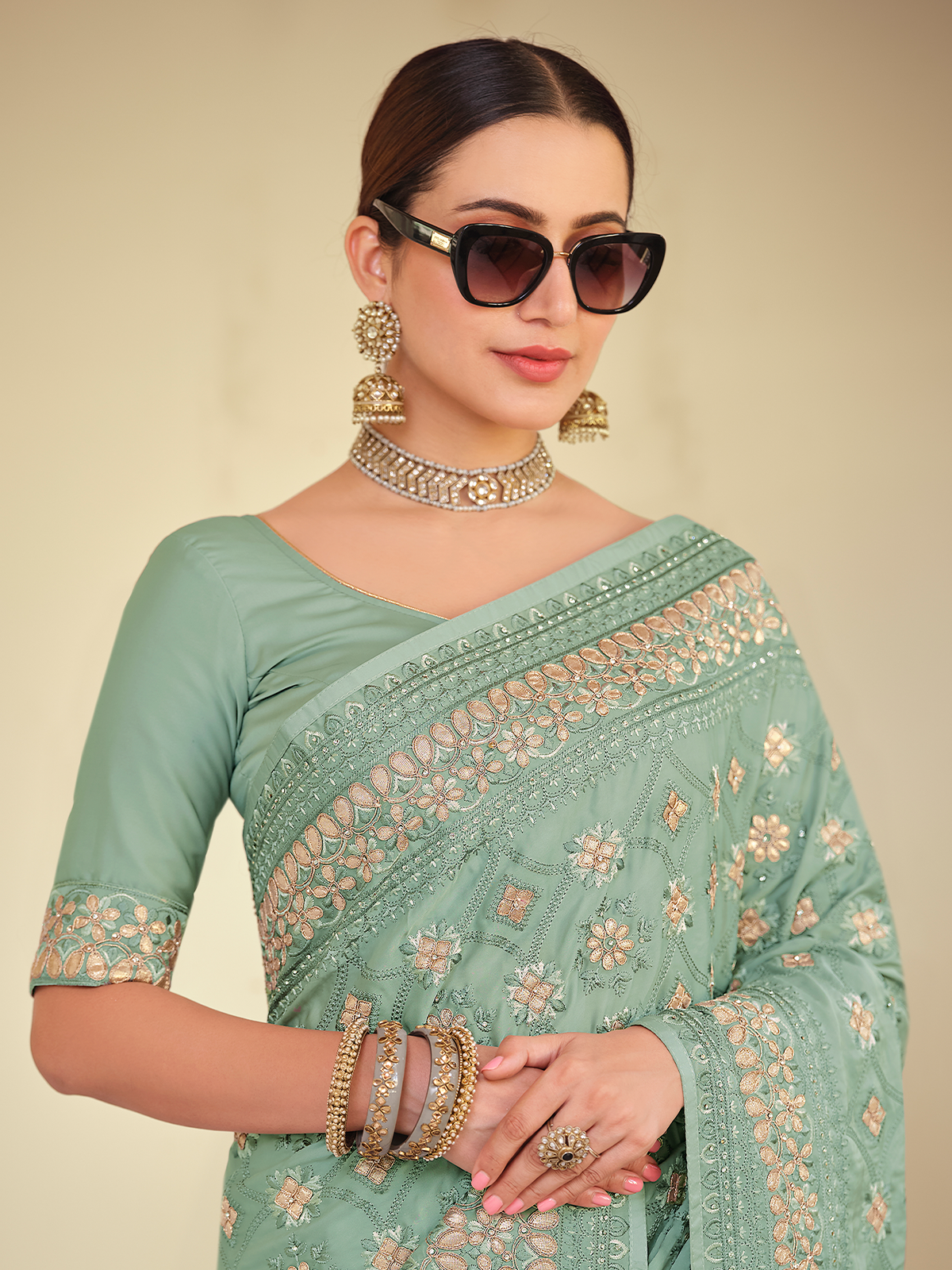 Sea Green Satin Georgette Saree With Unstitched Blouse Clothsvilla