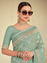 Load image into Gallery viewer, Sea Green Satin Georgette Saree With Unstitched Blouse Clothsvilla