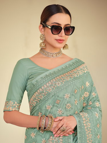 Sea Green Satin Georgette Saree With Unstitched Blouse Clothsvilla