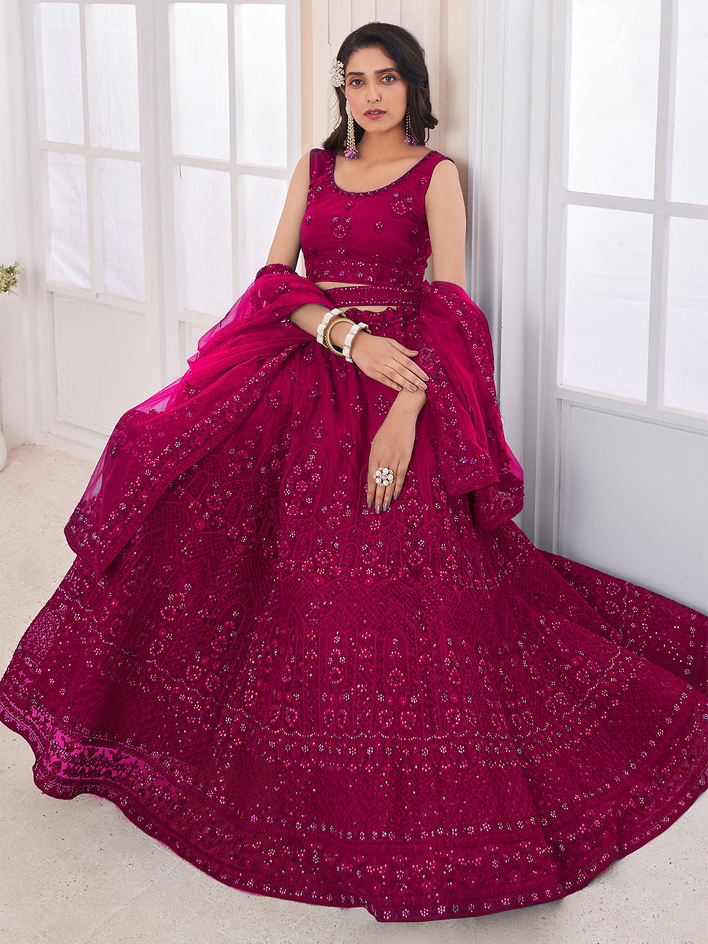 Magenta Soft Net Embroidered Semi Stitched Lehenga Choli Clothsvilla