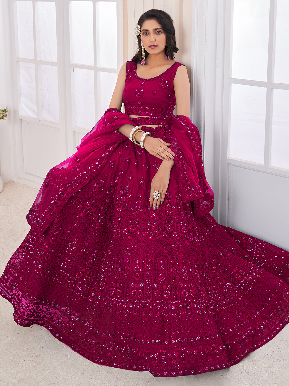 Magenta Soft Net Embroidered Semi Stitched Lehenga Choli Clothsvilla