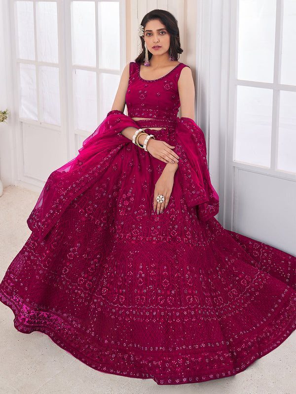 Magenta Soft Net Embroidered Semi Stitched Lehenga Choli Clothsvilla